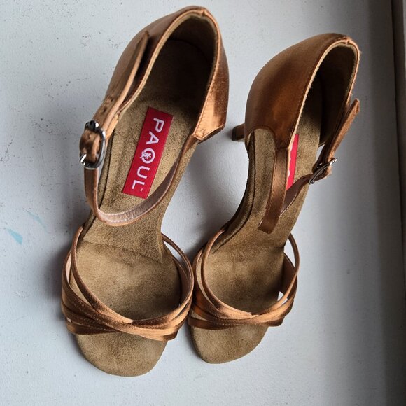PAOUL Rolling Tan Satin Latin Dance Shoes - Euro 36.5 - US Size 6 - Italian Made - Picture 4 of 5